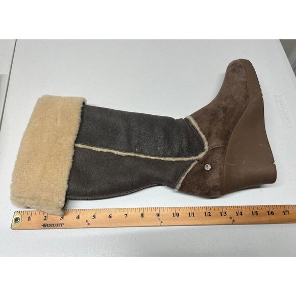 Ugg Womens 9 Tall Boots Wedge Brown Leather Shearling Fold Over 5451 Sandra - Picture 8 of 15